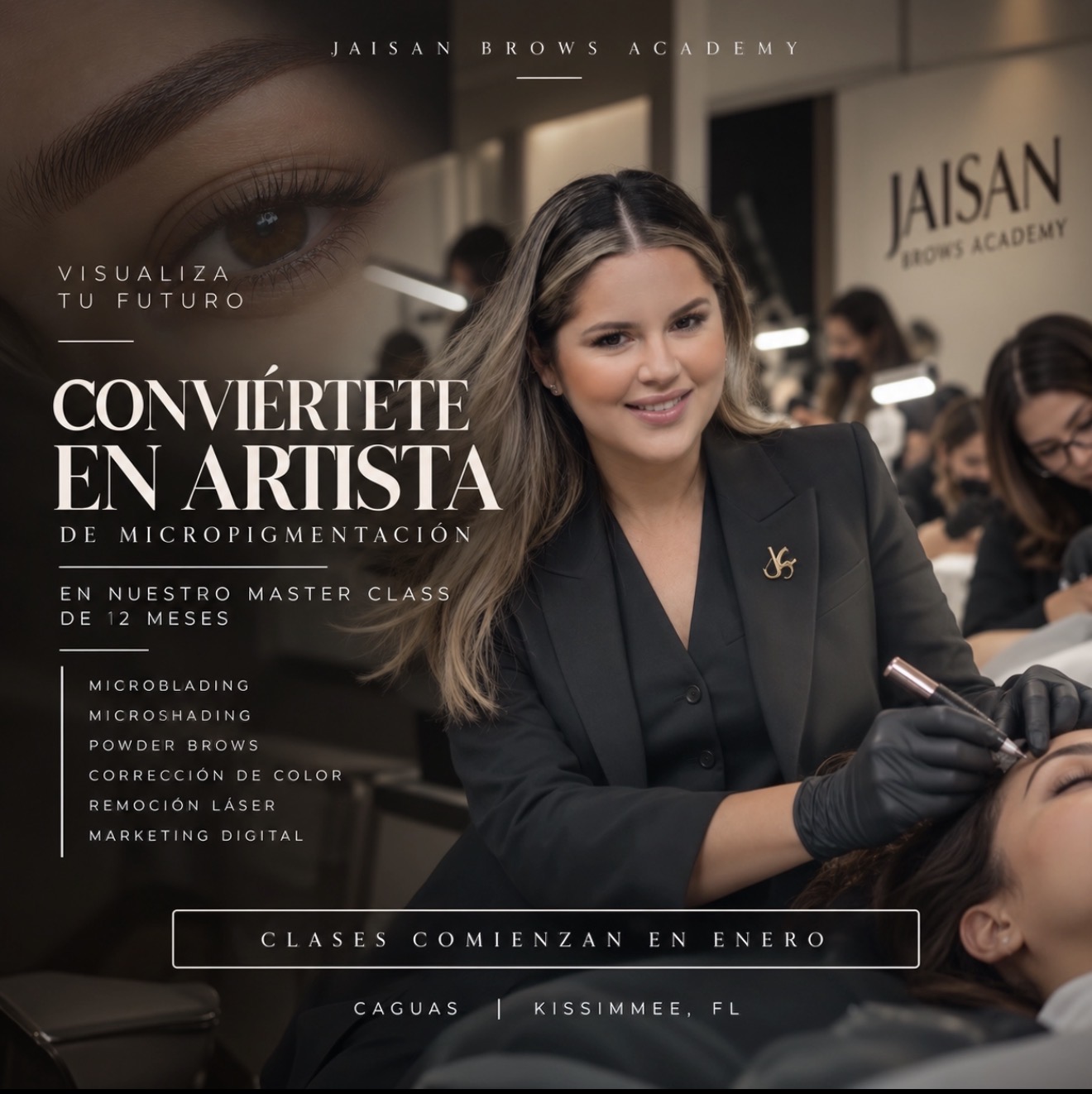 Arte de Master Class compartido por JaiSan Brows Academy, con Master JaiSan y las seis áreas de formación